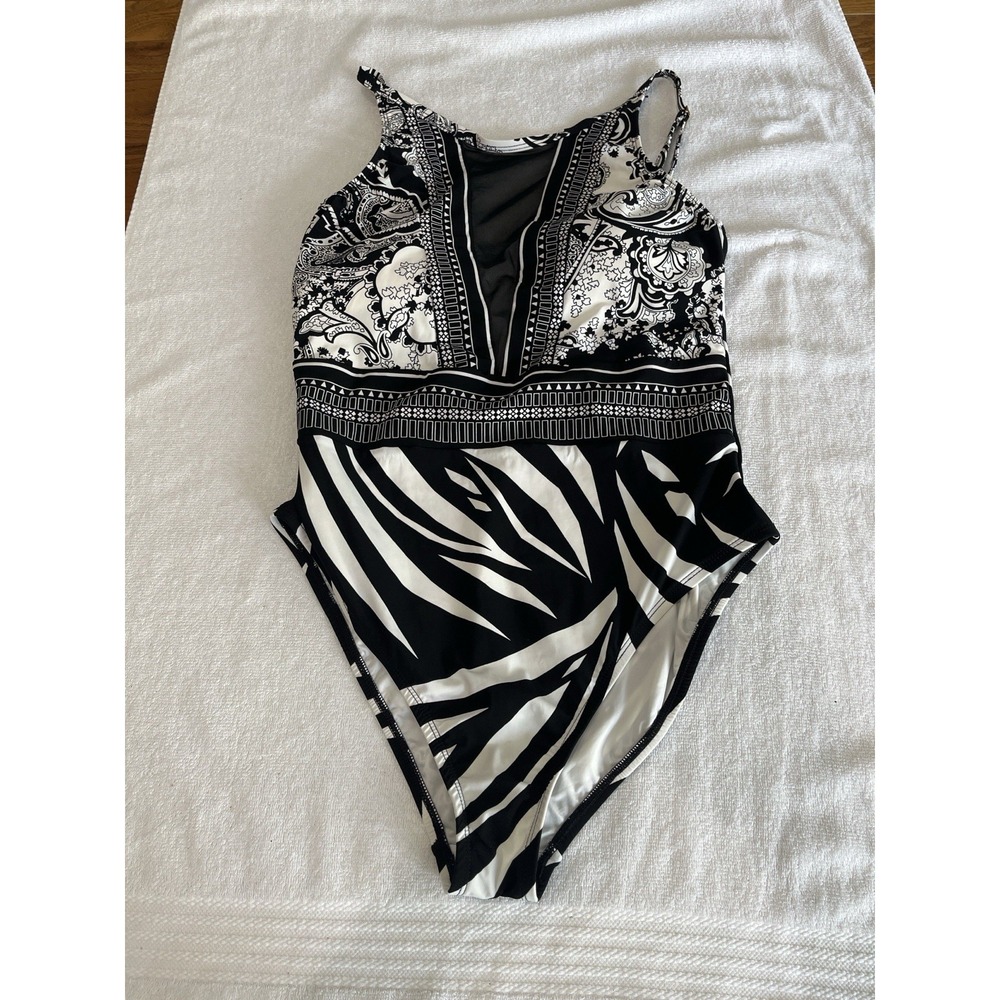 La Blanca‎ Seville Black White Zebra Paisley Print One Piece Swimsuit 8